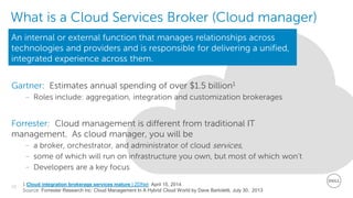 10
Dell - Restricted - Confidential
What is a Cloud Services Broker (Cloud manager)
An internal or external function that manages relationships across
technologies and providers and is responsible for delivering a unified,
integrated experience across them.
Gartner: Estimates annual spending of over $1.5 billion1
– Roles include: aggregation, integration and customization brokerages
Forrester: Cloud management is different from traditional IT
management. As cloud manager, you will be
– a broker, orchestrator, and administrator of cloud services,
– some of which will run on infrastructure you own, but most of which won’t
– Developers are a key focus
1 Cloud integration brokerage services mature | ZDNet, April 15, 2014
Source: Forrester Research inc: Cloud Management In A Hybrid Cloud World by Dave Bartoletti, July 30, 2013
 