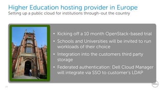 23
Dell - Restricted - Confidential
• Kicking off a 10 month OpenStack-based trial
• Schools and Universities will be invited to run
workloads of their choice
• Integration into the customers third party
storage
• Federated authentication: Dell Cloud Manager
will integrate via SSO to customer’s LDAP
Higher Education hosting provider in Europe
Setting up a public cloud for institutions through-out the country
Dell - Confidential
 