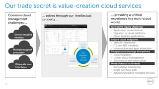 33
Dell - Restricted - Confidential
Our trade secret is value-creation cloud services
Common cloud
management
challenges …
… solved through our intellectual
property …
Strictly reactive
services
Multiple support
processes
Disparate user
interfaces
Overcome legacy challenge
• Application modernization
• Migration to cloud platforms
• Cloud business applications
• Vertical compliance
• ITIL and ISO standards
• Infrastructure and apps protection
• Data integration
• Unified cloud management
• Solutions for the entire cloud
lifecycle
• Consultative solutioning
• Single purchase path
• Advisory/proactive managed services
… providing a unified
experience in a multi-cloud
world
Secure cloud endpoints
Integrate and manage everywhere
Meet diverse cloud needs
 