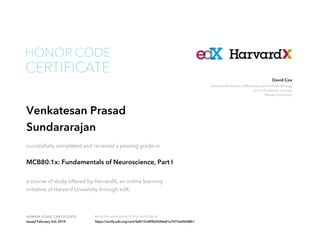 HONOR CODE

CERTIFICATE

David Cox
Assistant Professor of Molecular and Cellular Biology
and of Computer Science
Harvard University

Venkatesan Prasad
Sundararajan
successfully completed and received a passing grade in

MCB80.1x: Fundamentals of Neuroscience, Part I
a course of study offered by HarvardX, an online learning
initiative of Harvard University through edX.

HON OR COD E CE RTI F I CATE
Issued February 3rd, 2014

Verify the authenticity of this certificate at
https://verify.edx.org/cert/4af015c6ff2b4564a81e7472ed40d8b1

 