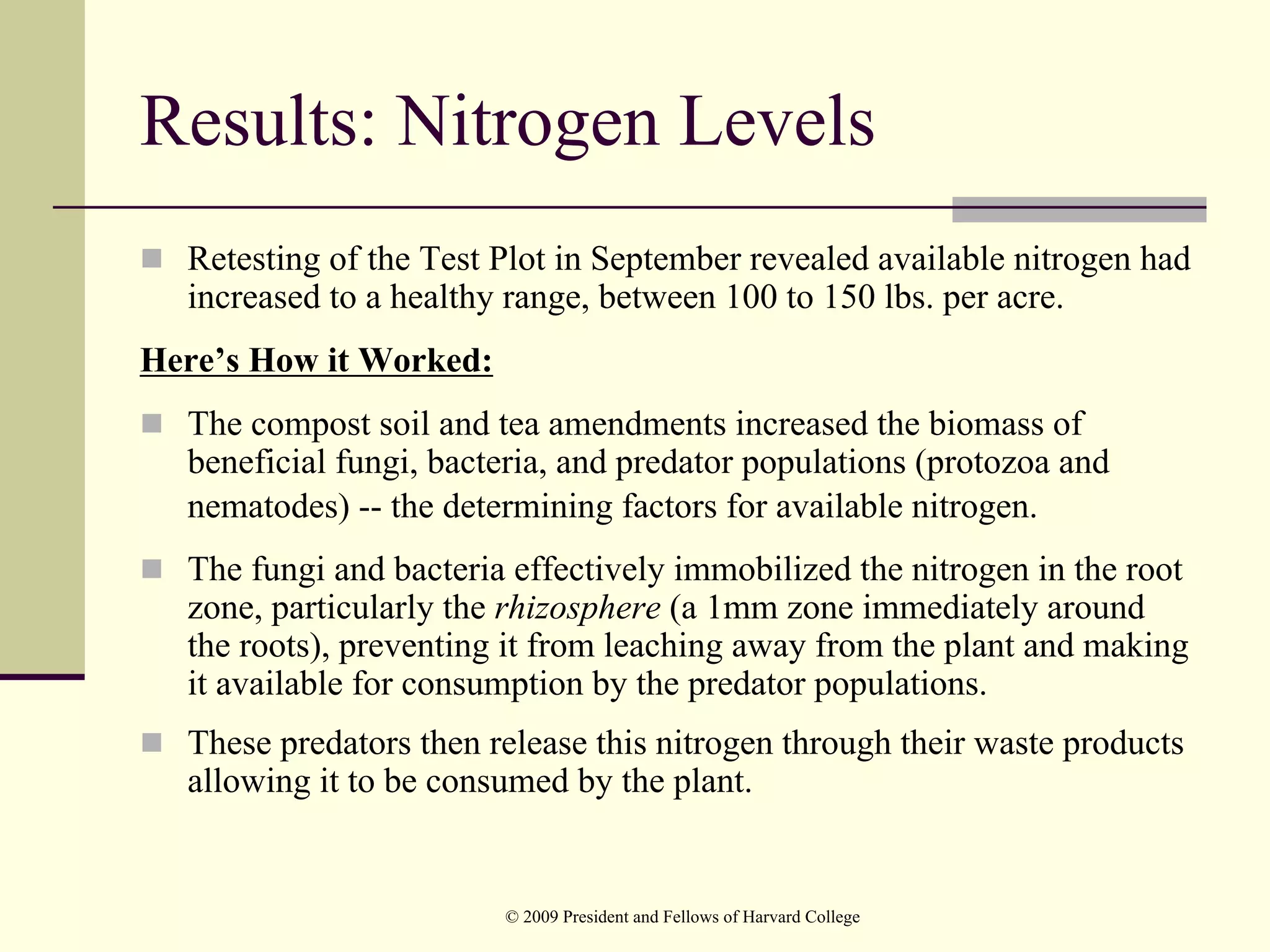 Results: Nitrogen Levels
  Retesting of the Test Plot in September revealed available nitrogen had
  increased to a healthy range, between 100 to 150 lbs. per acre.
Here’s How it Worked:
  The compost soil and tea amendments increased the biomass of
  beneficial fungi, bacteria, and predator populations (protozoa and
  nematodes) -- the determining factors for available nitrogen.
  The fungi and bacteria effectively immobilized the nitrogen in the root
  zone, particularly the rhizosphere (a 1mm zone immediately around
  the roots), preventing it from leaching away from the plant and making
  it available for consumption by the predator populations.
  These predators then release this nitrogen through their waste products
  allowing it to be consumed by the plant.


                        © 2009 President and Fellows of Harvard College
 