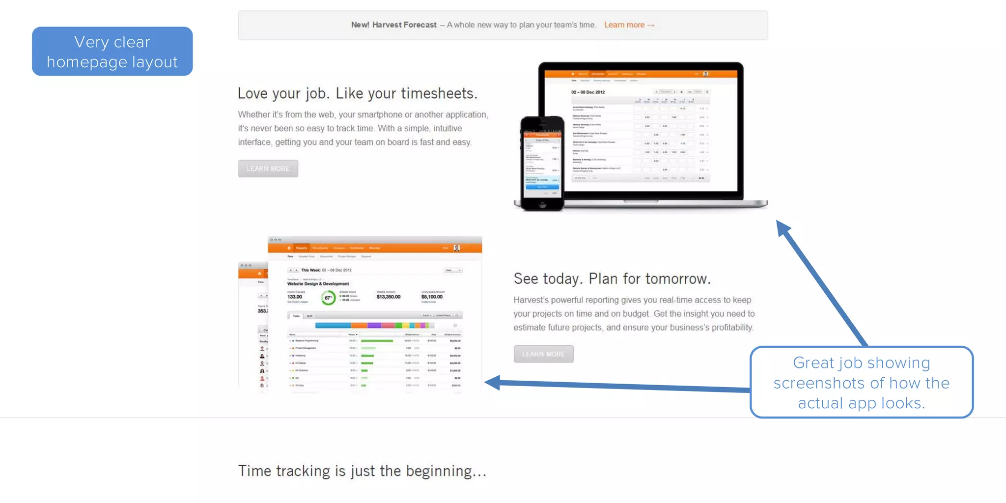 Very clear
homepage layout
Great job showing
screenshots of how the
actual app looks.
 