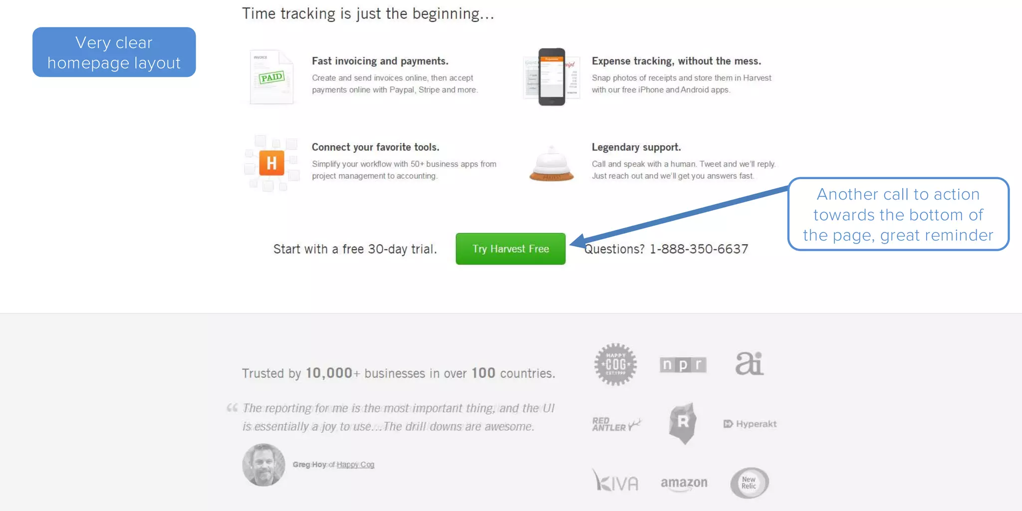 Very clear
homepage layout
Another call to action
towards the bottom of
the page, great reminder
 