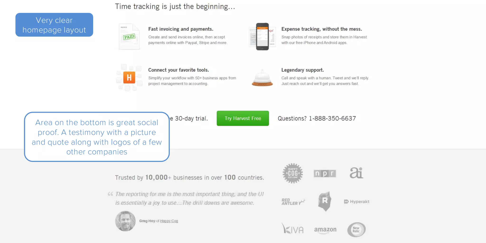 Very clear
homepage layout
Area on the bottom is great social
proof. A testimony with a picture
and quote along with logos of a few
other companies
 