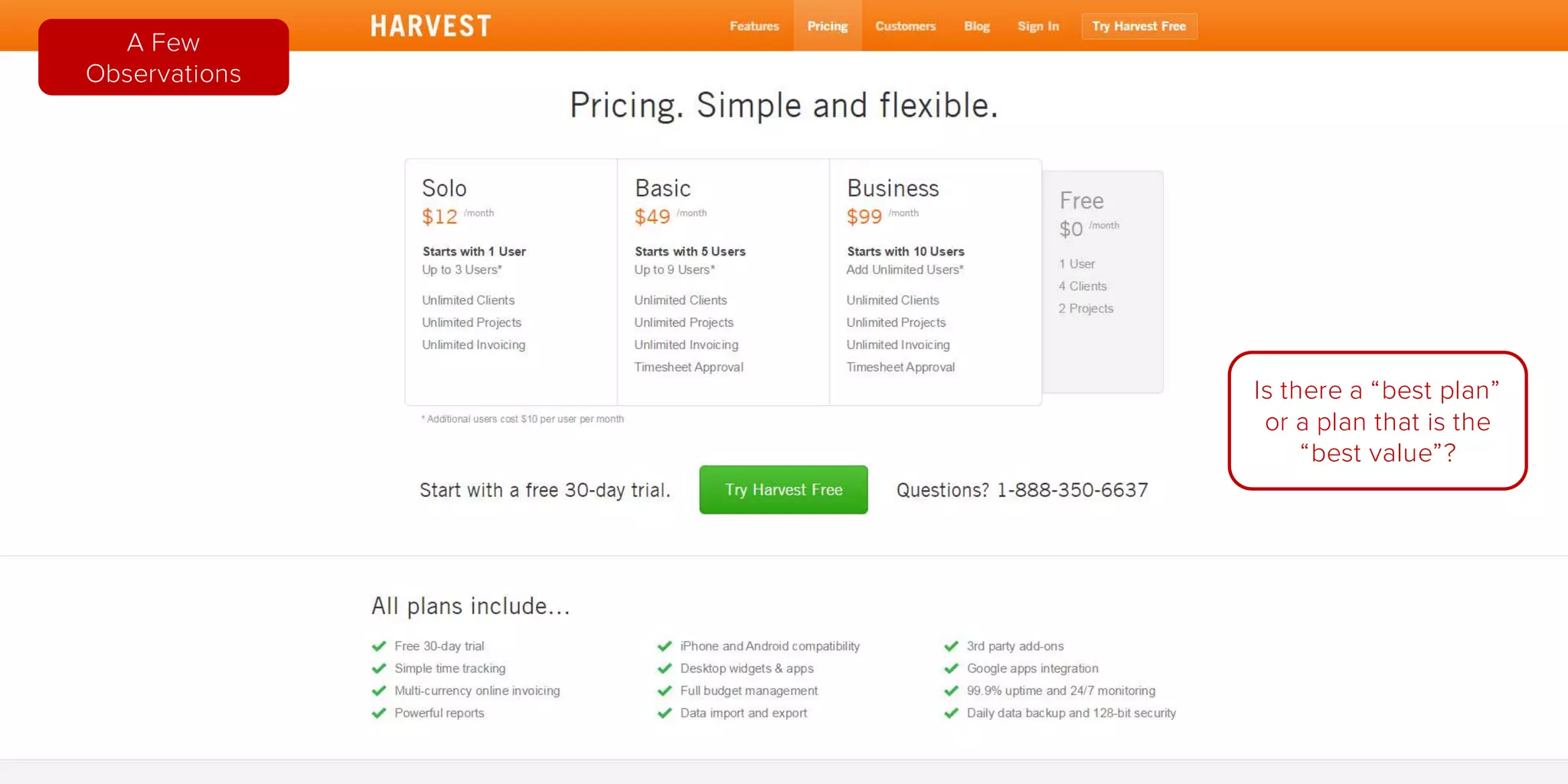 Is there a “best plan” or a
plan that is the “best
value”?
What plan is the most
popular? Users will
default to groupthink
when they cannot decide.
A Few
Observations
 