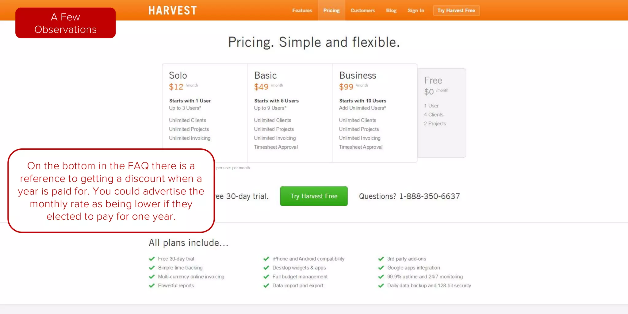 On the bottom in the FAQ there is a
reference to getting a discount when a
year is paid for. You could advertise the
monthly rate as being lower if they
elected to pay for one year.
A Few
Observations
 