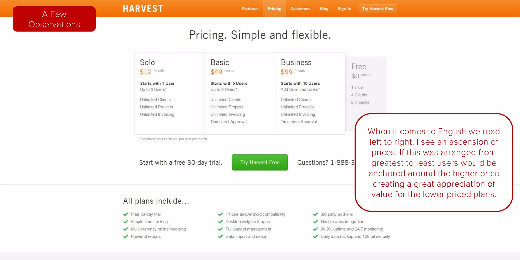 When it comes to English we read
left to right. I see an ascension of
prices. If this was arranged from
greatest to least users would be
anchored around the higher price
creating a great appreciation of
value for the lower priced plans.
A Few
Observations
 