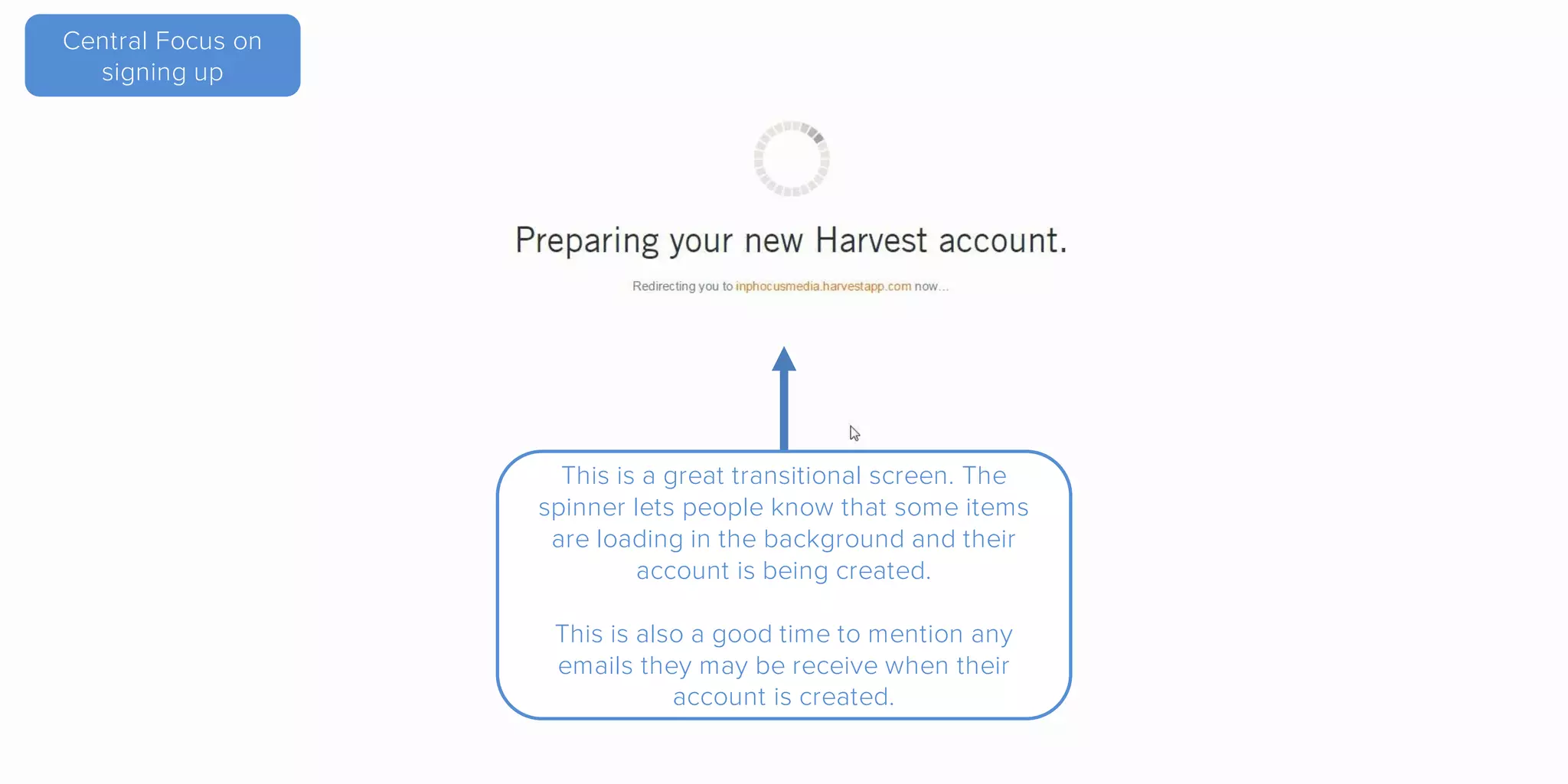 Central Focus on
signing up
This is a great transitional screen. The
spinner lets people know that some items
are loading in the background and their
account is being created.
This is also a good time to mention any
emails they may be receive when their
account is created.
 