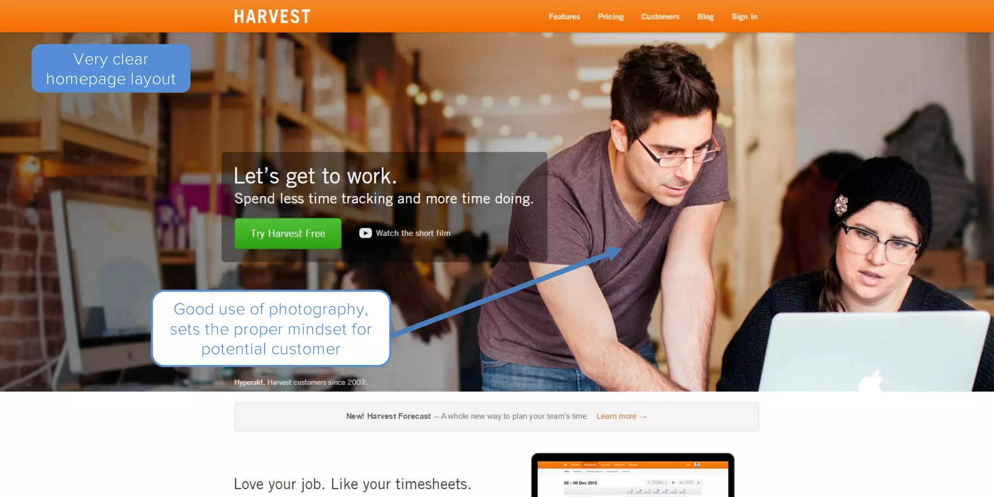Good use of photography,
sets the proper mindset for
potential customer
Very clear
homepage layout
 