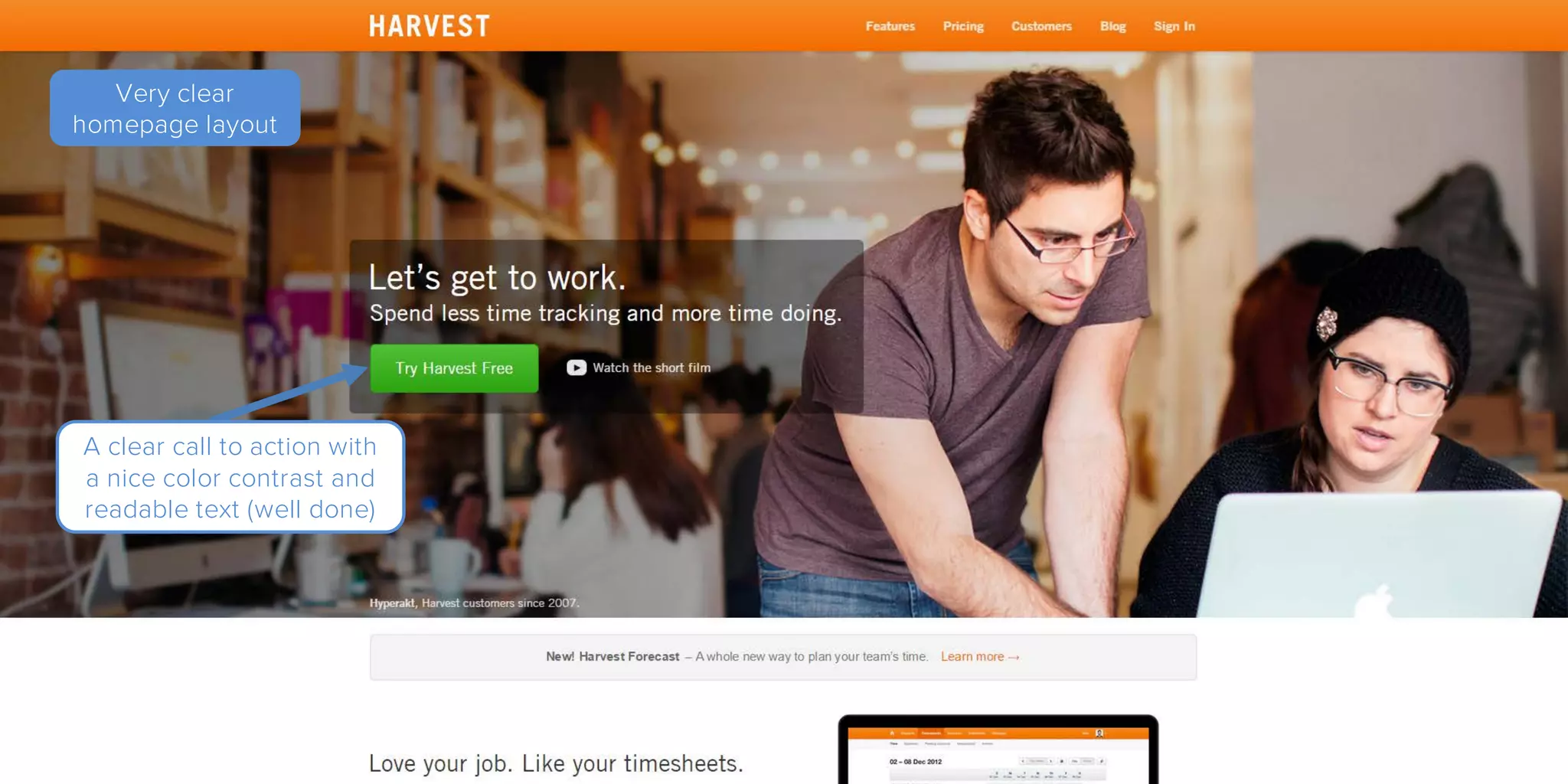 A clear call to action with
a nice color contrast and
readable text (well done)
Very clear
homepage layout
 