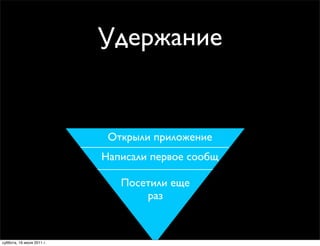 Удержание
                               iPhone users
                               Visited the site
                            Downloaded the app
                            Открыли приложение
                           Написали первое сообщ

                              Посетили еще
                                  раз


суббота, 16 июля 2011 г.
 