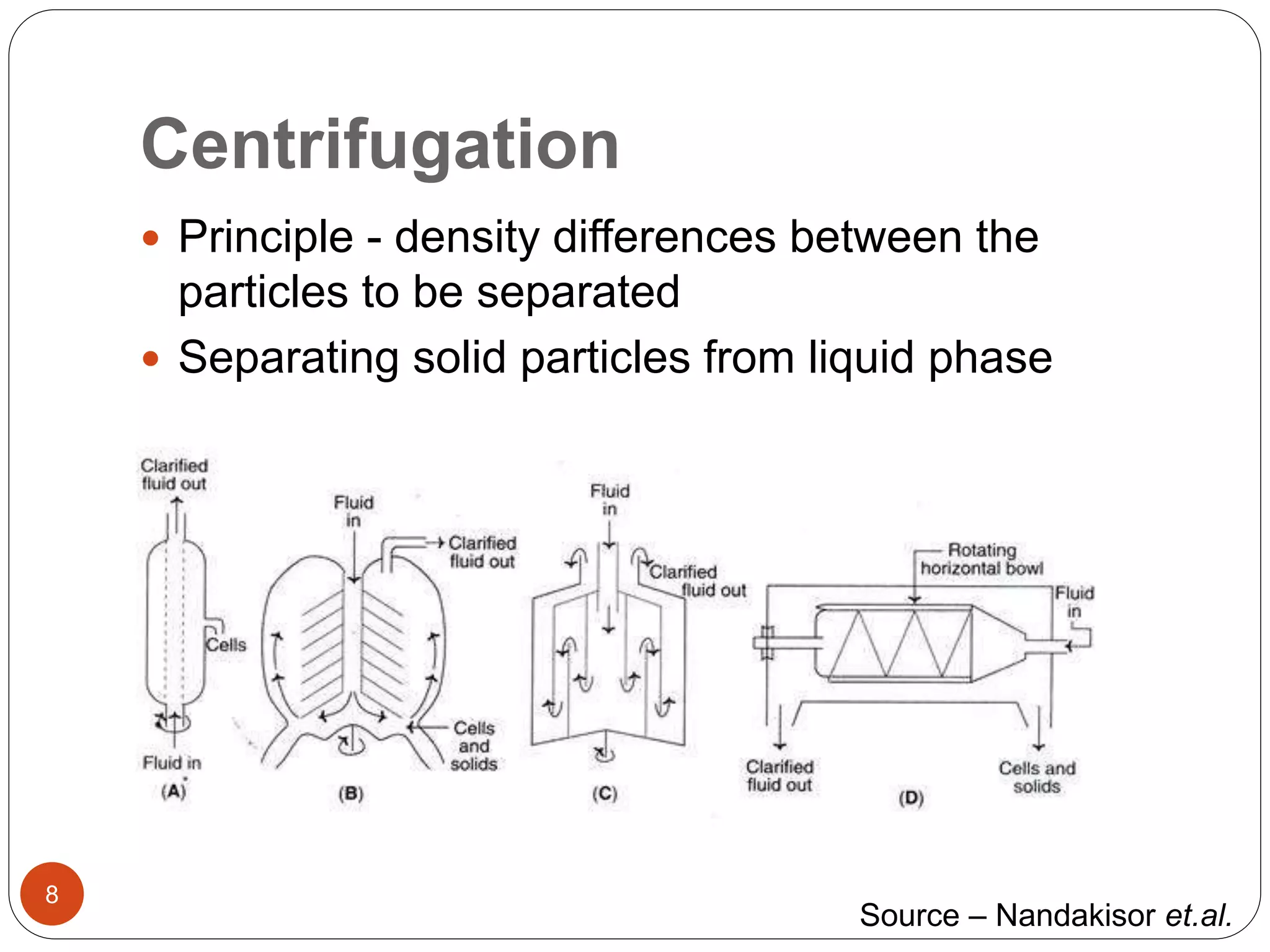 Centrifugation
8
 Principle - density differences between the
particles to be separated
 Separating solid particles from liquid phase
Source – Nandakisor et.al.
 