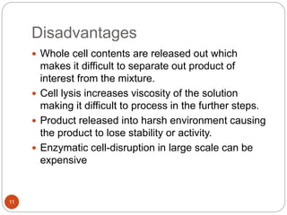 Disadvantages
11
 Whole cell contents are released out which
makes it difficult to separate out product of
interest from the mixture.
 Cell lysis increases viscosity of the solution
making it difficult to process in the further steps.
 Product released into harsh environment causing
the product to lose stability or activity.
 Enzymatic cell-disruption in large scale can be
expensive
 