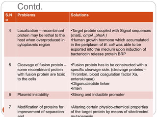 Contd.
18
S.N
o
Problems Solutions
4 Localization – recombinant
protein may be lethal to the
host when overproduced in
cytoplasmic region
•Target protein coupled with Signal sequences
(malE, ompA ,phoA )
•Human growth hormone which accumulated
in the periplasm of E. coli was able to be
exported into the medium upon induction of
bacteriocin release protein BRP
5 Cleavage of fusion protein –
some recombinant protein
with fusion protein are toxic
to the cells
•Fusion protein has to be constructed with a
specific cleavage side. (cleavage proteins –
Thrombin, blood coagulation factor Xa,
enterokinase)
•Oligonucleotide linker
•Intein
6 Plasmid instability •Strong and inducible promoter
7 Modification of proteins for
improvement of separation
•Altering certain physico-chemical properties
of the target protein by means of sitedirected
 