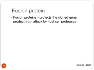 Fusion protein
19
 Fusion proteins - protects the cloned gene
product from attack by host cell proteases
Source - Glick
 