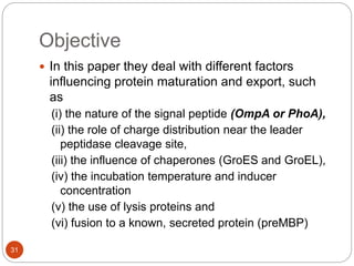 Objective
31
 In this paper they deal with different factors
influencing protein maturation and export, such
as
(i) the nature of the signal peptide (OmpA or PhoA),
(ii) the role of charge distribution near the leader
peptidase cleavage site,
(iii) the influence of chaperones (GroES and GroEL),
(iv) the incubation temperature and inducer
concentration
(v) the use of lysis proteins and
(vi) fusion to a known, secreted protein (preMBP)
 