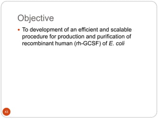 Objective
43
 To development of an efficient and scalable
procedure for production and purification of
recombinant human (rh-GCSF) of E. coli
 