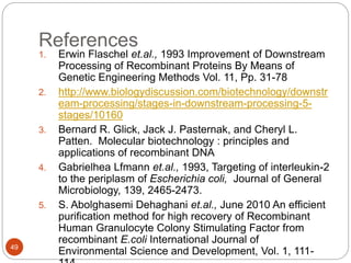 References
49
1. Erwin Flaschel et.al., 1993 Improvement of Downstream
Processing of Recombinant Proteins By Means of
Genetic Engineering Methods Vol. 11, Pp. 31-78
2. http://www.biologydiscussion.com/biotechnology/downstr
eam-processing/stages-in-downstream-processing-5-
stages/10160
3. Bernard R. Glick, Jack J. Pasternak, and Cheryl L.
Patten. Molecular biotechnology : principles and
applications of recombinant DNA
4. Gabrielhea Lfmann et.al., 1993, Targeting of interleukin-2
to the periplasm of Escherichia coli, Journal of General
Microbiology, 139, 2465-2473.
5. S. Abolghasemi Dehaghani et.al., June 2010 An efficient
purification method for high recovery of Recombinant
Human Granulocyte Colony Stimulating Factor from
recombinant E.coli International Journal of
Environmental Science and Development, Vol. 1, 111-
 