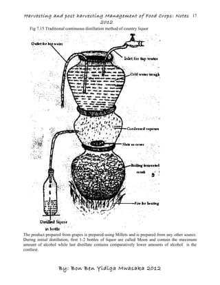 Harvesting and post harvesting Management of Food Crops: Notes
2012
Fig 7.15 Traditional continuous distillation method of country liquor
The product prepared from grapes is prepared using Millets and is prepared from any other source.
During initial distillation, first 1-2 bottles of liquor are called Moon and contain the maximum
amount of alcohol while last distillate contains comparatively lower amounts of alcohol is the
costliest.
By: Bon Ben Yidiga Mwasaka 2012
17
 