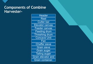 Click to edit Master title style
20
Components of Combine
Harvester-
Header
Reel
Cutter bar
Elevator canvas
Feeder canvas
Feeding drum
Threshing drum
Concave Unit
Fan
Chaffer sieve
Grain sieve
Grain auger
Tailing auger
Grain elevator and
Grain container.
 