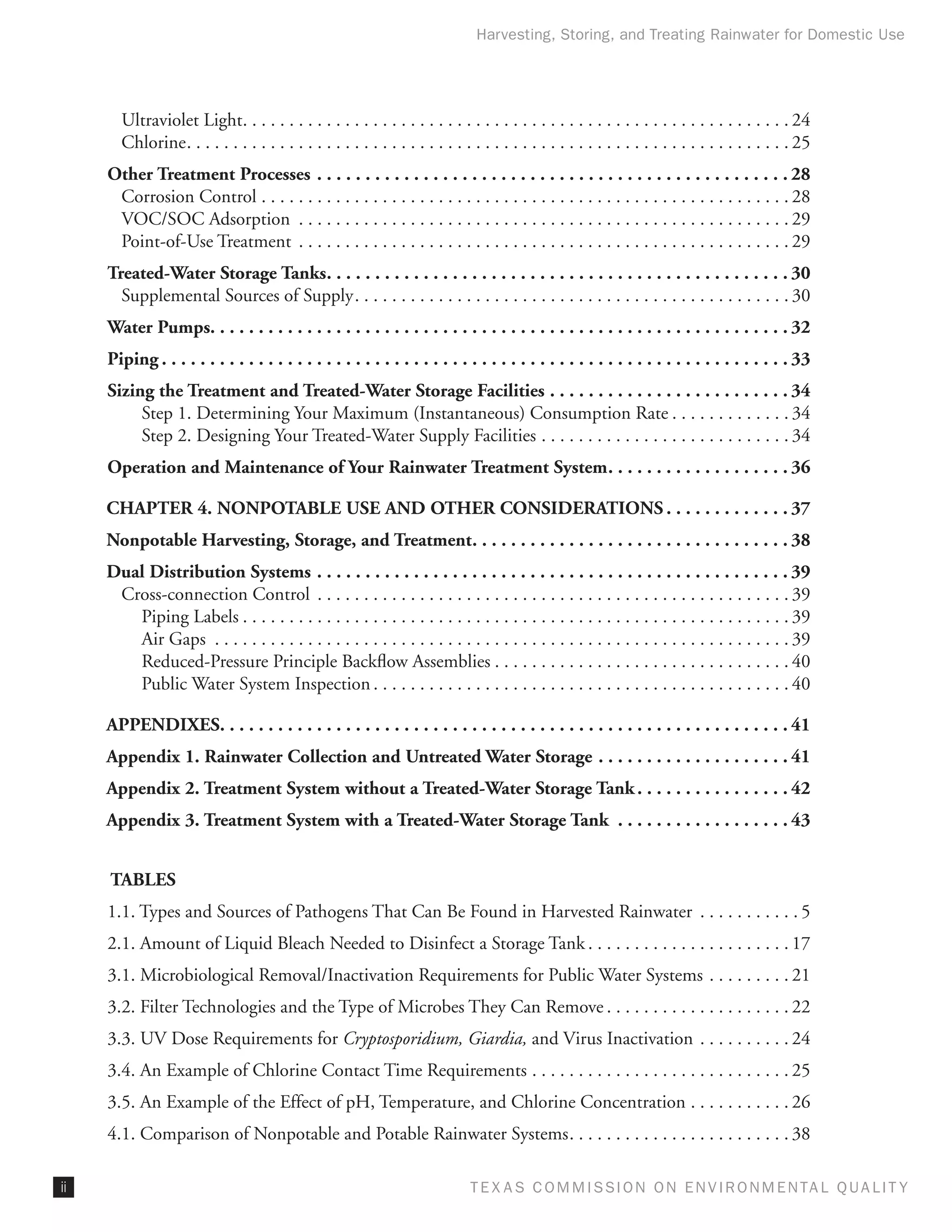 Harvesting, Storing, and Treating Rainwater for Domestic Use




       Ultraviolet Light. . . . . . . . . . . . . . . . . . . . . . . . . . . . . . . . . . . . . . . . . . . . . . . . . . . . . . . . . . .  24
       Chlorine. . . . . . . . . . . . . . . . . . . . . . . . . . . . . . . . . . . . . . . . . . . . . . . . . . . . . . . . . . . . . . . . .  25
     Other Treatment Processes. . . . . . . . . . . . . . . . . . . . . . . . . . . . . . . . . . . . . . . . . . . . . . . . .  28
      Corrosion Control. . . . . . . . . . . . . . . . . . . . . . . . . . . . . . . . . . . . . . . . . . . . . . . . . . . . . . . . .  28
      VOC/SOC Adsorption . . . . . . . . . . . . . . . . . . . . . . . . . . . . . . . . . . . . . . . . . . . . . . . . . . . . .  29
      Point-of-Use Treatment . . . . . . . . . . . . . . . . . . . . . . . . . . . . . . . . . . . . . . . . . . . . . . . . . . . . .  29
     Treated-Water Storage Tanks. . . . . . . . . . . . . . . . . . . . . . . . . . . . . . . . . . . . . . . . . . . . . . . .  30
       Supplemental Sources of Supply. . . . . . . . . . . . . . . . . . . . . . . . . . . . . . . . . . . . . . . . . . . . . . .  30
     Water Pumps. . . . . . . . . . . . . . . . . . . . . . . . . . . . . . . . . . . . . . . . . . . . . . . . . . . . . . . . . . . .  32
     Piping. . . . . . . . . . . . . . . . . . . . . . . . . . . . . . . . . . . . . . . . . . . . . . . . . . . . . . . . . . . . . . . . .  33
     Sizing the Treatment and Treated-Water Storage Facilities. . . . . . . . . . . . . . . . . . . . . . . . .  34
          Step 1. Determining Your Maximum (Instantaneous) Consumption Rate. . . . . . . . . . . . .  34
          Step 2. Designing Your Treated-Water Supply Facilities. . . . . . . . . . . . . . . . . . . . . . . . . . .  34
     Operation and Maintenance of Your Rainwater Treatment System. . . . . . . . . . . . . . . . . . .  36

     CHAPTER 4. NONPOTABLE USE AND OTHER CONSIDERATIONS. . . . . . . . . . . . .  37
     Nonpotable Harvesting, Storage, and Treatment. . . . . . . . . . . . . . . . . . . . . . . . . . . . . . . . .  38
     Dual Distribution Systems. . . . . . . . . . . . . . . . . . . . . . . . . . . . . . . . . . . . . . . . . . . . . . . . .  39
      Cross-connection Control . . . . . . . . . . . . . . . . . . . . . . . . . . . . . . . . . . . . . . . . . . . . . . . . . . .  39
        Piping Labels. . . . . . . . . . . . . . . . . . . . . . . . . . . . . . . . . . . . . . . . . . . . . . . . . . . . . . . . . . .  39
        Air Gaps . . . . . . . . . . . . . . . . . . . . . . . . . . . . . . . . . . . . . . . . . . . . . . . . . . . . . . . . . . . . . .  39
        Reduced-Pressure Principle Backflow Assemblies. . . . . . . . . . . . . . . . . . . . . . . . . . . . . . . .  40
        Public Water System Inspection. . . . . . . . . . . . . . . . . . . . . . . . . . . . . . . . . . . . . . . . . . . . .  40

     APPENDIXES. . . . . . . . . . . . . . . . . . . . . . . . . . . . . . . . . . . . . . . . . . . . . . . . . . . . . . . . . . .  41
     Appendix 1. Rainwater Collection and Untreated Water Storage. . . . . . . . . . . . . . . . . . . .  41
     Appendix 2. Treatment System without a Treated-Water Storage Tank. . . . . . . . . . . . . . . .  42
     Appendix 3. Treatment System with a Treated-Water Storage Tank . . . . . . . . . . . . . . . . . .  43


     TABLES
     1.1. Types and Sources of Pathogens That Can Be Found in Harvested Rainwater . . . . . . . . . . .  5
     2.1. Amount of Liquid Bleach Needed to Disinfect a Storage Tank. . . . . . . . . . . . . . . . . . . . . .  17
     3.1. Microbiological Removal/Inactivation Requirements for Public Water Systems. . . . . . . . .  21
     3.2. Filter Technologies and the Type of Microbes They Can Remove. . . . . . . . . . . . . . . . . . . .  22
     3.3. UV Dose Requirements for Cryptosporidium, Giardia, and Virus Inactivation . . . . . . . . . .  24
     3.4. An Example of Chlorine Contact Time Requirements. . . . . . . . . . . . . . . . . . . . . . . . . . . .  25
     3.5. An Example of the Effect of pH, Temperature, and Chlorine Concentration. . . . . . . . . . .  26
     4.1. Comparison of Nonpotable and Potable Rainwater Systems. . . . . . . . . . . . . . . . . . . . . . . .  38

ii                                                                            T E X AS C O M MIS S I O N O N E N V I R O N M E N TAL Q UAL I T Y
 
