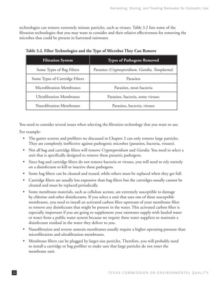 Harvesting, Storing, and Treating Rainwater for Domestic Use




     technologies can remove extremely minute particles, such as viruses. Table 3.2 lists some of the
     filtration technologies that you may want to consider and their relative effectiveness for removing the
     microbes that could be present in harvested rainwater.


        Table 3.2. Filter Technologies and the Type of Microbes They Can Remove

                    Filtration System                       Types of Pathogens Removed

               Some Types of Bag Filters           Parasites (Cryptosporidium, Giardia, Toxoplasma)

            Some Types of Cartridge Filters                             Parasites

              Microfiltration Membranes                         Parasites, most bacteria

               Ultrafiltration Membranes                    Parasites, bacteria, some viruses

               Nanofiltration Membranes                        Parasites, bacteria, viruses



     You need to consider several issues when selecting the filtration technology that you want to use.
     For example:
       •	 The gutter screens and prefilters we discussed in Chapter 2 can only remove large particles.
          They are completely ineffective against pathogenic microbes (parasites, bacteria, viruses).
       •	 Not all bag and cartridge filters will remove Cryptosporidium and Giardia. You need to select a
          unit that is specifically designed to remove these parasitic pathogens.
       •	 Since bag and cartridge filters do not remove bacteria or viruses, you will need to rely entirely
          on a disinfectant to kill or inactive these pathogens.
       •	 Some bag filters can be cleaned and reused, while others must be replaced when they get full.
       •	 Cartridge filters are usually less expensive than bag filters but the cartridges usually cannot be
          cleaned and must be replaced periodically.
       •	 Some membrane materials, such as cellulose acetate, are extremely susceptible to damage
          by chlorine and other disinfectants. If you select a unit that uses one of these susceptible
          membranes, you need to install an activated carbon filter upstream of your membrane filter
          to remove any disinfectant that might be present in the water. This activated carbon filter is
          especially important if you are going to supplement your rainwater supply with hauled water
          or water from a public water system because we require these water suppliers to maintain a
          disinfectant residual in the water they deliver to you.
       •	 Nanofiltration and reverse osmosis membranes usually require a higher operating pressure than
          microfiltration and ultrafiltration membranes.
       •	 Membrane filters can be plugged by larger-size particles. Therefore, you will probably need
          to install a cartridge or bag prefilter to make sure that large particles do not enter the
          membrane unit.



22                                                          T E X AS C O M MIS S I O N O N E N V I R O N M E N TAL Q UAL I T Y
 