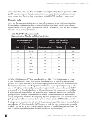 Harvesting, Storing, and Treating Rainwater for Domestic Use




     ozone is that there is no ANSI/NSF standard for evaluating the safety of ozone generators used for
     potable water applications. If you do decide to use ozone as your disinfectant, be sure to use an
     ozone contact vessel that is certified in accordance with ANSI/NSF Standard 61 requirements.

     Ultraviolet Light
     As we just discussed, some disinfectants are more effective against certain pathogens than others.
     Ultraviolet light provides an excellent example of this limitation since it is much more effective
     against parasites than it is against certain viruses. Table 3.3 shows the UV dose that must be applied
     to achieve certain levels of disinfection.

         Table 3.3. UV Dose Requirements for
         Cryptosporidium, Giardia, and Virus Inactivation

                 To achieve this level                            This UV dose (mJ/cm2) is
                   of Inactivation                                required for this Pathogen

                Log               Percent       Cryptosporidium              Giardia                Virus

                 0.5               67 %                 1.6                     1.5                   39
                 1.0                 90                 2.5                     2.1                   58
                 1.5                96.7                3.9                     3.0                   79
                 2.0                 99                 5.8                     5.2                  100
                 2.5               99.67                8.5                     7.7                  121
                 3.0                99.9                 12                     11                   143
                 3.5               99.97                 15                     15                   163
                 4.0               99.99                 22                     22                   186


     As Table 3.3 indicates, the UV dose needed to achieve a 4-log (99.99%) inactivation of viruses
     is more than eight times greater than the dose needed to achieve an equivalent inactivation of
     parasites. ANSI/NSF Standard 55 establishes testing requirements for UV water treatment systems.
     UV systems that meet the Class A requirements of Standard 55 are capable of producing an UV
     dose of 400 mJ/cm2 at their rated capacity and are equipped with a sensor to alert you if the UV
     system needs to be cleaned or has begun to fail due to lamp age. UV systems that meet the Class
     B requirements of Standard 55 are not required to have a sensor and have not been certified for
     pathogen control, although they can be used to provide additional treatment on water that has
     already been properly disinfected. Consequently, if you are going to install a UV system to control
     pathogens, you need to choose a unit that is certified as Class A under ANSI/NSF Standard 55.
     It is important to remember that UV can only inactivate a pathogen if the microbe has actually been
     exposed to the UV light. In order for the UV system to work, the water passing though it must be
     relatively clear and free of particles. Consequently, you need to install a filter upstream of your UV
     unit. (This filter should be one of the filters discussed in the previous section.)


24                                                            T E X AS C O M MIS S I O N O N E N V I R O N M E N TAL Q UAL I T Y
 