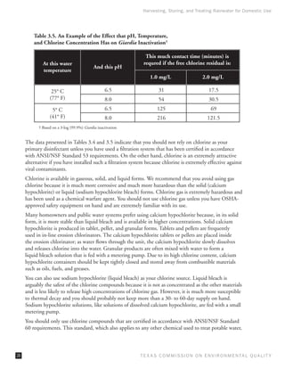 Harvesting, Storing, and Treating Rainwater for Domestic Use




         Table 3.5. An Example of the Effect that pH, Temperature,
         and Chlorine Concentration Has on Giardia Inactivation†

                                                               This much contact time (minutes) is
             At this water                                    requred if the free chlorine residual is:
                                            And this pH
             temperature
                                                                  1.0 mg/L                  2.0 mg/L

                  25° C                           6.5                 31                       17.5
                 (77° F)                          8.0                 54                       30.5
                  5° C                            6.5                125                        69
                 (41° F)                          8.0                216                      121.5
           † Based on a 3-log (99.9%) Giardia inactivation


     The data presented in Tables 3.4 and 3.5 indicate that you should not rely on chlorine as your
     primary disinfectant unless you have used a filtration system that has been certified in accordance
     with ANSI/NSF Standard 53 requirements. On the other hand, chlorine is an extremely attractive
     alternative if you have installed such a filtration system because chlorine is extremely effective against
     viral contaminants.
     Chlorine is available in gaseous, solid, and liquid forms. We recommend that you avoid using gas
     chlorine because it is much more corrosive and much more hazardous than the solid (calcium
     hypochlorite) or liquid (sodium hypochlorite bleach) forms. Chlorine gas is extremely hazardous and
     has been used as a chemical warfare agent. You should not use chlorine gas unless you have OSHA-
     approved safety equipment on hand and are extremely familiar with its use.
     Many homeowners and public water systems prefer using calcium hypochlorite because, in its solid
     form, it is more stable than liquid bleach and is available in higher concentrations. Solid calcium
     hypochlorite is produced in tablet, pellet, and granular forms. Tablets and pellets are frequently
     used in in-line erosion chlorinators. The calcium hypochlorite tablets or pellets are placed inside
     the erosion chlorinator; as water flows through the unit, the calcium hypochlorite slowly dissolves
     and releases chlorine into the water. Granular products are often mixed with water to form a
     liquid bleach solution that is fed with a metering pump. Due to its high chlorine content, calcium
     hypochlorite containers should be kept tightly closed and stored away from combustible materials
     such as oils, fuels, and greases.
     You can also use sodium hypochlorite (liquid bleach) as your chlorine source. Liquid bleach is
     arguably the safest of the chlorine compounds because it is not as concentrated as the other materials
     and is less likely to release high concentrations of chlorine gas. However, it is much more susceptible
     to thermal decay and you should probably not keep more than a 30- to 60-day supply on hand.
     Sodium hypochlorite solutions, like solutions of dissolved calcium hypochlorite, are fed with a small
     metering pump.
     You should only use chlorine compounds that are certified in accordance with ANSI/NSF Standard
     60 requirements. This standard, which also applies to any other chemical used to treat potable water,



26                                                           T E X AS C O M MIS S I O N O N E N V I R O N M E N TAL Q UAL I T Y
 
