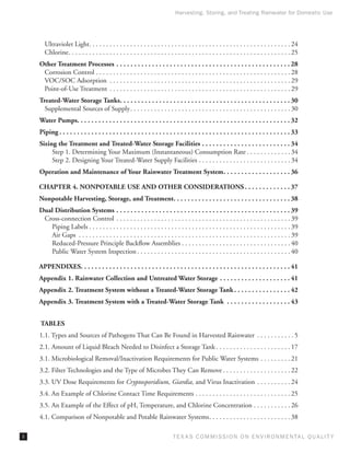 Harvesting, Storing, and Treating Rainwater for Domestic Use




       Ultraviolet Light. . . . . . . . . . . . . . . . . . . . . . . . . . . . . . . . . . . . . . . . . . . . . . . . . . . . . . . . . . .  24
       Chlorine. . . . . . . . . . . . . . . . . . . . . . . . . . . . . . . . . . . . . . . . . . . . . . . . . . . . . . . . . . . . . . . . .  25
     Other Treatment Processes. . . . . . . . . . . . . . . . . . . . . . . . . . . . . . . . . . . . . . . . . . . . . . . . .  28
      Corrosion Control. . . . . . . . . . . . . . . . . . . . . . . . . . . . . . . . . . . . . . . . . . . . . . . . . . . . . . . . .  28
      VOC/SOC Adsorption . . . . . . . . . . . . . . . . . . . . . . . . . . . . . . . . . . . . . . . . . . . . . . . . . . . . .  29
      Point-of-Use Treatment . . . . . . . . . . . . . . . . . . . . . . . . . . . . . . . . . . . . . . . . . . . . . . . . . . . . .  29
     Treated-Water Storage Tanks. . . . . . . . . . . . . . . . . . . . . . . . . . . . . . . . . . . . . . . . . . . . . . . .  30
       Supplemental Sources of Supply. . . . . . . . . . . . . . . . . . . . . . . . . . . . . . . . . . . . . . . . . . . . . . .  30
     Water Pumps. . . . . . . . . . . . . . . . . . . . . . . . . . . . . . . . . . . . . . . . . . . . . . . . . . . . . . . . . . . .  32
     Piping. . . . . . . . . . . . . . . . . . . . . . . . . . . . . . . . . . . . . . . . . . . . . . . . . . . . . . . . . . . . . . . . .  33
     Sizing the Treatment and Treated-Water Storage Facilities. . . . . . . . . . . . . . . . . . . . . . . . .  34
          Step 1. Determining Your Maximum (Instantaneous) Consumption Rate. . . . . . . . . . . . .  34
          Step 2. Designing Your Treated-Water Supply Facilities. . . . . . . . . . . . . . . . . . . . . . . . . . .  34
     Operation and Maintenance of Your Rainwater Treatment System. . . . . . . . . . . . . . . . . . .  36

     CHAPTER 4. NONPOTABLE USE AND OTHER CONSIDERATIONS. . . . . . . . . . . . .  37
     Nonpotable Harvesting, Storage, and Treatment. . . . . . . . . . . . . . . . . . . . . . . . . . . . . . . . .  38
     Dual Distribution Systems. . . . . . . . . . . . . . . . . . . . . . . . . . . . . . . . . . . . . . . . . . . . . . . . .  39
      Cross-connection Control . . . . . . . . . . . . . . . . . . . . . . . . . . . . . . . . . . . . . . . . . . . . . . . . . . .  39
        Piping Labels. . . . . . . . . . . . . . . . . . . . . . . . . . . . . . . . . . . . . . . . . . . . . . . . . . . . . . . . . . .  39
        Air Gaps . . . . . . . . . . . . . . . . . . . . . . . . . . . . . . . . . . . . . . . . . . . . . . . . . . . . . . . . . . . . . .  39
        Reduced-Pressure Principle Backflow Assemblies. . . . . . . . . . . . . . . . . . . . . . . . . . . . . . . .  40
        Public Water System Inspection. . . . . . . . . . . . . . . . . . . . . . . . . . . . . . . . . . . . . . . . . . . . .  40

     APPENDIXES. . . . . . . . . . . . . . . . . . . . . . . . . . . . . . . . . . . . . . . . . . . . . . . . . . . . . . . . . . .  41
     Appendix 1. Rainwater Collection and Untreated Water Storage. . . . . . . . . . . . . . . . . . . .  41
     Appendix 2. Treatment System without a Treated-Water Storage Tank. . . . . . . . . . . . . . . .  42
     Appendix 3. Treatment System with a Treated-Water Storage Tank . . . . . . . . . . . . . . . . . .  43


     TABLES
     1.1. Types and Sources of Pathogens That Can Be Found in Harvested Rainwater . . . . . . . . . . .  5
     2.1. Amount of Liquid Bleach Needed to Disinfect a Storage Tank. . . . . . . . . . . . . . . . . . . . . .  17
     3.1. Microbiological Removal/Inactivation Requirements for Public Water Systems. . . . . . . . .  21
     3.2. Filter Technologies and the Type of Microbes They Can Remove. . . . . . . . . . . . . . . . . . . .  22
     3.3. UV Dose Requirements for Cryptosporidium, Giardia, and Virus Inactivation . . . . . . . . . .  24
     3.4. An Example of Chlorine Contact Time Requirements. . . . . . . . . . . . . . . . . . . . . . . . . . . .  25
     3.5. An Example of the Effect of pH, Temperature, and Chlorine Concentration. . . . . . . . . . .  26
     4.1. Comparison of Nonpotable and Potable Rainwater Systems. . . . . . . . . . . . . . . . . . . . . . . .  38

ii                                                                            T E X AS C O M MIS S I O N O N E N V I R O N M E N TAL Q UAL I T Y
 