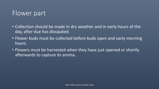 Flower part
• Collection should be made in dry weather and in early hours of the
day, after due has dissipated.
• Flower buds must be collected before buds open and early morning
hours.
• Flowers must be harvested when they have just opened or shortly
afterwards to capture its aroma.
WHO. 2003; Heron and Maiti, 2010
 