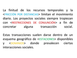 La finitud de los recursos temporales y la
<FRICCIÓN POR DISTANCIAS> limitan el movimiento
diario. Los proyectos sociales siempre tropiezan
con <RESTRICCIONES DE CONJUNCIÓN> a fin de
concretar alguna transacción social.
Estas transacciones suelen darse dentro de un
esquema geográfico de <ESTACIONES> disponibles
y <DOMINIOS> donde prevalecen ciertas
interacciones sociales.
 
