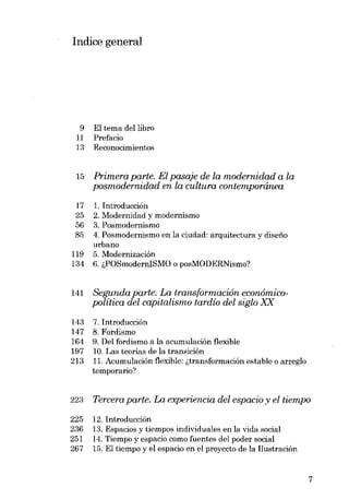 Indice general

9
11
13

EI tema del libro
Prefacio
Reconocimientos

15

Primera parte. El pasaje de la modernidad a la
posmodernidad en la cultura contemporánea

17
25
56
85

1. Introducción
2. Modernidad y modernismo
3. Posmodernismo
4. Posmodernismo en la ciudad: arquitectura y disefio
urbano

119
134

5. Modernización
6. i.POSmodernISMO o posMODERNismo?

141

Segunda parte. La transformación econâmicopolítica del capitalismo tardío del siglo XX

143
147
164
197
213

7.Introducción
8. Fordismo
9. Del fordismo a la acumulación flexihle
10. Las teorias de la transición
11. Acumulación flexihle: ,Jransformación estahle o arreglo
temporario?

223

Tercera parte. La experiencia del espacio y el tiempo

225
236
251
267

12. Introducción
13. Espacios y tiempos individuales en la vida social
14. Tiempo y espacio como fuentes dei poder social
15. EI tiempo y el espacio en el proyecto de la Ilustración

7

 