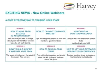 16
EXCITING NEWS - New Online Webinars
A COST EFFECTIVE WAY TO TRAINING YOUR STAFF
WEBINAR 1
HOW TO MOVE FROM
EXCUSES
TO A...