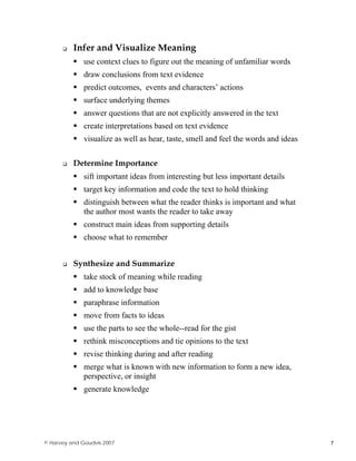 Infer and Visualize Meaning
use context clues to figure out the meaning of unfamiliar words
draw conclusions from text evidence
predict outcomes, events and characters’ actions
surface underlying themes
answer questions that are not explicitly answered in the text
create interpretations based on text evidence
visualize as well as hear, taste, smell and feel the words and ideas
Determine Importance
sift important ideas from interesting but less important details
target key information and code the text to hold thinking
distinguish between what the reader thinks is important and what
the author most wants the reader to take away
construct main ideas from supporting details
choose what to remember
Synthesize and Summarize
take stock of meaning while reading
add to knowledge base
paraphrase information
move from facts to ideas
use the parts to see the whole--read for the gist
rethink misconceptions and tie opinions to the text
revise thinking during and after reading
merge what is known with new information to form a new idea,
perspective, or insight
generate knowledge
8© Harvey and Goudvis 2007 7
 