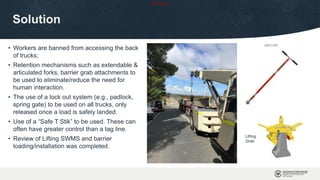 OFFICIAL
Solution
• Workers are banned from accessing the back
of trucks;
• Retention mechanisms such as extendable &
articulated forks, barrier grab attachments to
be used to eliminate/reduce the need for
human interaction.
• The use of a lock out system (e.g., padlock,
spring gate) to be used on all trucks, only
released once a load is safely landed.
• Use of a “Safe T Stik” to be used. These can
often have greater control than a tag line.
• Review of Lifting SWMS and barrier
loading/installation was completed.
Lifting
Grab
 