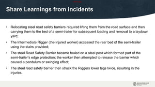 OFFICIAL
• Relocating steel road safety barriers required lifting them from the road surface and then
carrying them to the bed of a semi-trailer for subsequent loading and removal to a laydown
yard;
• The Intermediate Rigger (the injured worker) accessed the rear bed of the semi-trailer
using the stairs provided;
• The steel Road Safety Barrier became fouled on a steel post which formed part of the
semi-trailer’s edge protection; the worker then attempted to release the barrier which
caused a pendulum or swinging effect;
• The steel road safety barrier then struck the Riggers lower legs twice, resulting in the
injuries.
Share Learnings from incidents
 