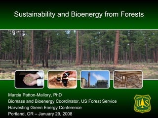 Sustainability and Bioenergy from Forests




Marcia Patton-Mallory, PhD
Biomass and Bioenergy Coordinator, US Forest Service
Harvesting Green Energy Conference
Portland, OR – January 29, 2008
 