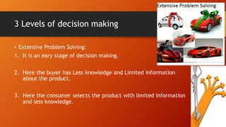 3 Levels of decision making
• Extensive Problem Solving:
1. It is an eary stage of decision making.
2. Here the buyer has Less knowledge and Limited information
about the product.
3. Here the consumer selects the product with limited information
and less knowledge.
 