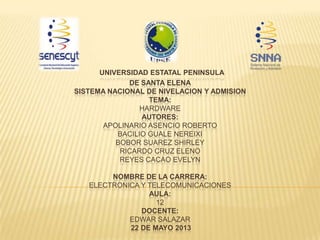 UNIVERSIDAD ESTATAL PENINSULA
DE SANTA ELENA
SISTEMA NACIONAL DE NIVELACION Y ADMISION
TEMA:
HARDWARE
AUTORES:
APOLINARIO ASENCIO ROBERTO
BACILIO GUALE NEREIXI
BOBOR SUAREZ SHIRLEY
RICARDO CRUZ ELENO
REYES CACAO EVELYN
NOMBRE DE LA CARRERA:
ELECTRONICA Y TELECOMUNICACIONES
AULA:
12
DOCENTE:
EDWAR SALAZAR
22 DE MAYO 2013
 