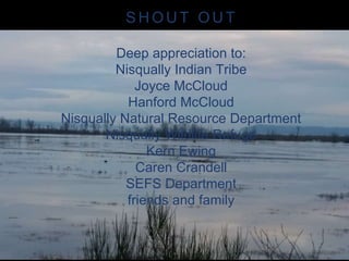 S H O U T O U T
Deep appreciation to:
Nisqually Indian Tribe
Joyce McCloud
Hanford McCloud
Nisqually Natural Resource Depa...