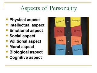 Aspects of Personality









Physical aspect
Intellectual aspect
Emotional aspect
Social aspect
Volitional aspect
Moral aspect
Biological aspect
Cognitive aspect

 