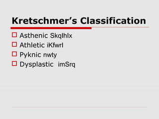Kretschmer’s Classification





Asthenic SkqIhIx
Athletic iKfwrI
Pyknic nwty
Dysplastic imSrq

 