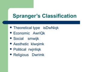 Spranger’s Classification
type isDwNiqk
 Economic AwriQk
 Social smwijk
 Aesthetic klwqimk
 Political rwjnIiqk
 Religious Dwrimk
 Theoretical

 