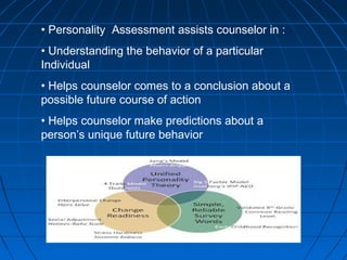• Personality Assessment assists counselor in :
• Understanding the behavior of a particular
Individual
• Helps counselor comes to a conclusion about a
possible future course of action
• Helps counselor make predictions about a
person’s unique future behavior

 