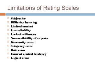 Limitations of Rating Scales












Subjective
Difficulty in rating
Limited contact
Low reliability
Lack of willinness
Non availability of experts
Generosity error
Sringency error
Halo error
Error of central tendency
Logical error

 