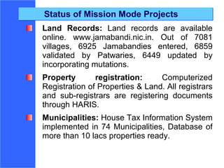 Status of Mission Mode Projects Land Records:  Land   records are available online.  www.jamabandi.nic.in .   Out of 7081 villages, 6925 Jamabandies entered, 6859 validated by Patwaries, 6449 updated by incorporating mutations. Property registration:  Computerized   Registration of Properties & Land. All registrars and sub-registrars are registering documents through HARIS. Municipalities:  House Tax Information System implemented in 74 Municipalities, Database of more than 10 lacs properties ready. 