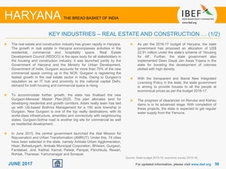 5656JUNE 2017
The real estate and construction industry has grown rapidly in Haryana.
The growth in real estate in Haryana encompasses activities in the
residential, commercial and hospitality space. Real Estate
Development Council (REDCO) is the apex body for all stakeholders in
the housing and construction industry; it was launched jointly by the
Government of Haryana and the Ministry for Urban Development,
Government of India. Gurgaon accounts for more than 70% of the new
commercial space coming up in the NCR. Gurgaon is registering the
fastest growth in the real estate sector in India. Owing to Gurgaon’s
reputation as an IT hub and proximity to the national capital Delhi,
demand for both housing and commercial space is rising.
To accommodate further growth, the state has finalised the new
Gurgaon-Manesar Master Plan-2025. The plan allocates land for
developing residential and growth corridors. Adani realty team has tied
up with US-based Brahma Management for a 150 acre township in
Gurgaon. New Gurgaon is one of the top realty destinations, with its
world-class infrastructure, amenities and connectivity with neighbouring
states. Gurgaon-Sohna road is another big site for commercial as well
as residential development.
In June 2015, the central government launched the Atal Mission for
Rejuvenation and Urban Transformation (AMRUT). Under this, 19 cities
have been selected in the state, namely Ambala Urban Agglomeration,
Hisar, Bahadurgarh, Ambala Municipal Corporation, Bhiwani, Gurgaon,
Faridabad, Jind, Kaithal, Karnal, Palwal, Panipat, Panchkula, Rewari,
Rohtak, Thanesar, Yamunanagar and Sonepat.
For updated information, please visit www.ibef.org
KEY INDUSTRIES – REAL ESTATE AND CONSTRUCTION … (1/2)
HARYANA THE BREAD BASKET OF INDIA
As per the 2016-17 budget of Haryana, the state
government has proposed an allocation of US$
22.91 million under the state’s scheme of “Housing
for All”. Further, the state government also
implemented Deen Dayal Jan Awas Yojana in the
state for boosting the development of colonies
plotted with high density.
With the transparent and liberal New Integrated
Licensing Policy in the state, the state government
is aiming to provide houses to all the people at
economical prices as per the budget 2016-17.
The progress of clearances on Renuka and Kishau
dams is in its advanced stage. With completion of
these projects, the state is expected to get regular
water supply from the Yamuna.
Source: State budget 2015-16, economic survey 2015-16,
 