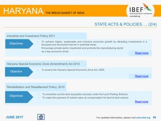 6666JUNE 2017 For updated information, please visit www.ibef.org
HARYANA THE BREAD BASKET OF INDIA
STATE ACTS & POLICIES … (2/4)
Haryana Special Economic Zone (Amendment) Act 2010
• To amend the Haryana Special Economic Zone Act, 2005.
Read more
Objective
Industrial and Investment Policy 2011
• To achieve higher, sustainable and inclusive economic growth by attracting investments in a
focussed and structured manner in potential areas.
• Encourage private sector investment and promote the manufacturing sector
as a key economic driver
Read more
Objectives
Rehabilitation and Resettlement Policy, 2010
• To smoothen out the land acquisition process under the Land Pooling Scheme.
• To make fair payment of market value as compensation for land to land owners.
Read more
Objectives
 