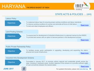 6868JUNE 2017
Land Pooling Scheme
• To acquire land for development of industrial infrastructure in a planned manner by the HSIIDC.
• To provide land owners with an option to become partners in the development process.
Read more
Objectives
Labour Policy
• To implement labour laws for ensuring proper working conditions and labour standards.
• To improve working conditions for women and eliminate all forms of child labour.
• To train and retain employees and officers.
Read more
Objectives
For updated information, please visit www.ibef.org
HARYANA THE BREAD BASKET OF INDIA
STATE ACTS & POLICIES … (4/4)
Public Private Partnership Policy
• To facilitate private sector participation in upgrading, developing and expanding the state’s
physical and social infrastructure.
Read more
Objective
Industrial Infra Development Scheme
• Formulated in January 2017, to promote uniform regional and sustainable growth across the
state, including in backward areas. Another objective of the scheme is to provide sufficient width
of road connectivity between the nearest states.
Read more
Objective
 