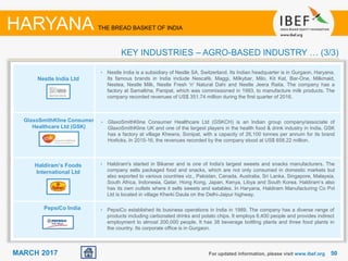 5050MARCH 2017
Nestle India Ltd
GlaxoSmithKline Consumer
Healthcare Ltd (GSK)
Haldiram’s Foods
International Ltd
PepsiCo India
For updated information, please visit www.ibef.org
• Nestle India is a subsidiary of Nestle SA, Switzerland. Its Indian headquarter is in Gurgaon, Haryana.
Its famous brands in India include Nescafé, Maggi, Milkybar, Milo, Kit Kat, Bar-One, Milkmaid,
Nestea, Nestle Milk, Nestle Fresh 'n' Natural Dahi and Nestle Jeera Raita. The company has a
factory at Samalkha, Panipat, which was commissioned in 1993, to manufacture milk products. The
company recorded revenues of US$ 351.74 million during the first quarter of 2016.
• GlaxoSmithKline Consumer Healthcare Ltd (GSKCH) is an Indian group company/associate of
GlaxoSmithKline UK and one of the largest players in the health food & drink industry in India. GSK
has a factory at village Khewra, Sonipat, with a capacity of 26,100 tonnes per annum for its brand
Horlicks. In 2015-16, the revenues recorded by the company stood at US$ 658.22 million.
• Haldiram's started in Bikaner and is one of India's largest sweets and snacks manufacturers. The
company sells packaged food and snacks, which are not only consumed in domestic markets but
also exported to various countries viz., Pakistan, Canada, Australia, Sri Lanka, Singapore, Malaysia,
South Africa, Indonesia, Qatar, Hong Kong, Japan, Kenya, Libya and South Korea. Haldiram’s also
has its own outlets where it sells sweets and eatables. In Haryana, Haldiram Manufacturing Co Pvt
Ltd is located in village Kherki Daula on the Delhi-Jaipur highway.
• PepsiCo established its business operations in India in 1989. The company has a diverse range of
products including carbonated drinks and potato chips. It employs 6,400 people and provides indirect
employment to almost 200,000 people. It has 38 beverage bottling plants and three food plants in
the country. Its corporate office is in Gurgaon.
HARYANA THE BREAD BASKET OF INDIA
KEY INDUSTRIES – AGRO-BASED INDUSTRY … (3/3)
 